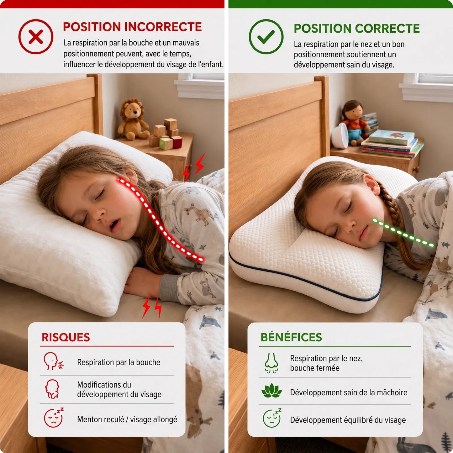 Position incorrecte et position correcte pendant le sommeil