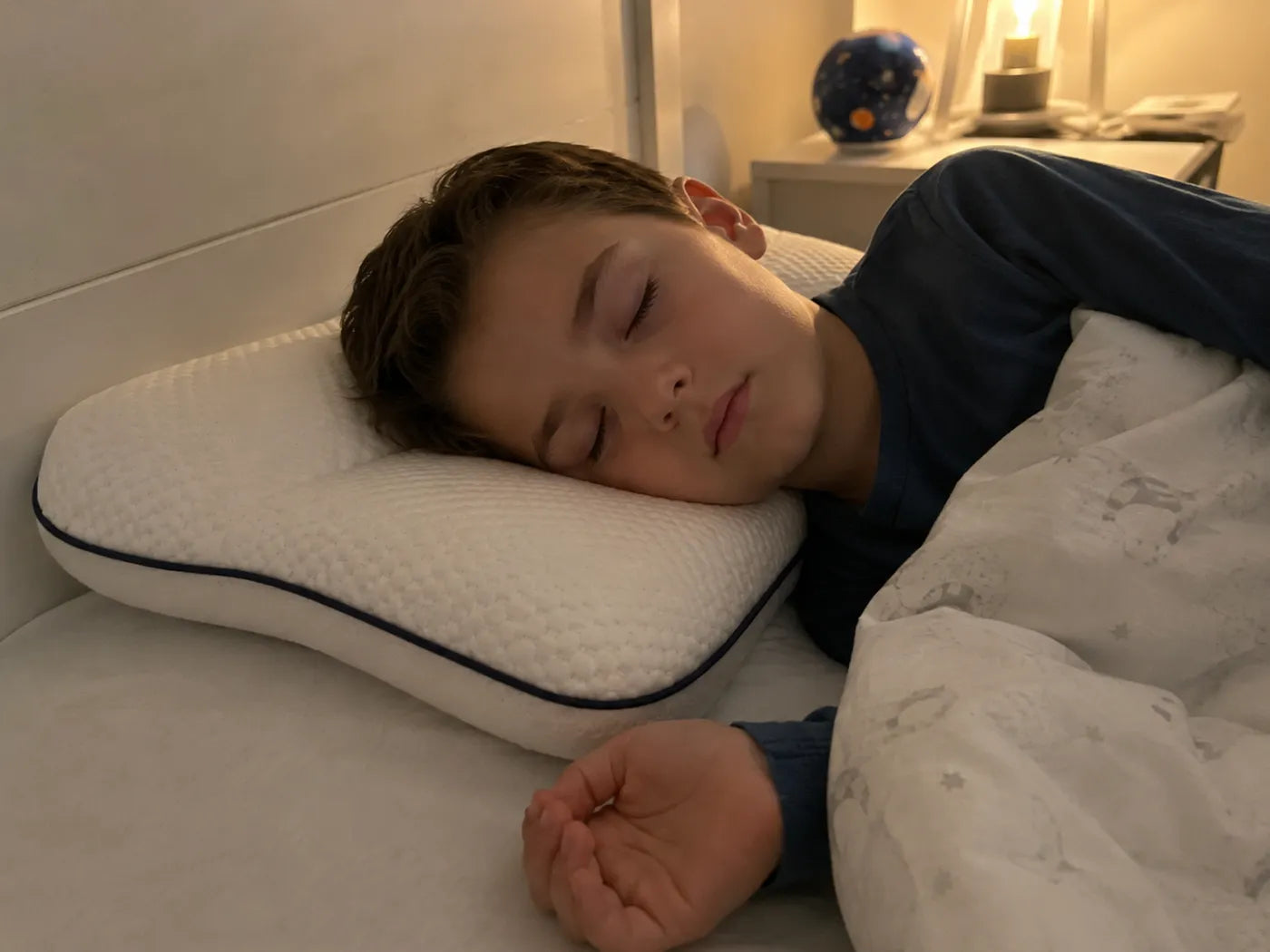 Enfant dormant la bouche fermée sur le coussin ergonomique