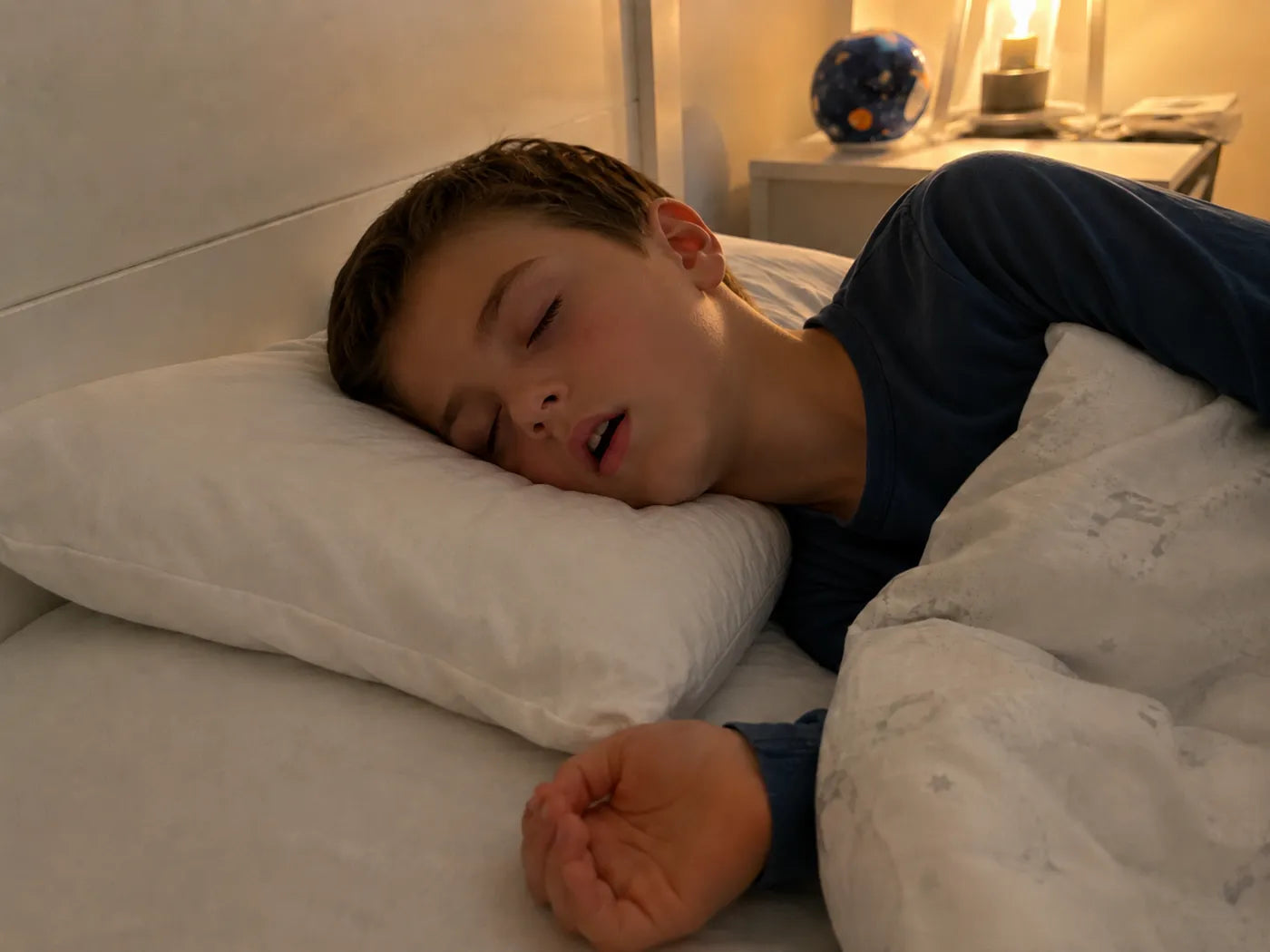 Enfant dormant la bouche ouverte sur un oreiller classique